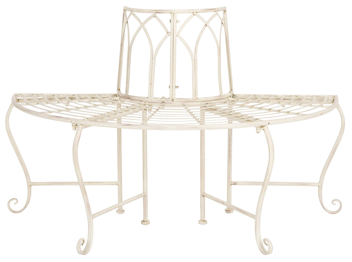SAFAVIEH Abia bench front view showing curved distressed-white iron seat and vintage style benefit