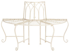 SAFAVIEH Abia bench front view showing curved distressed-white iron seat and vintage style benefit