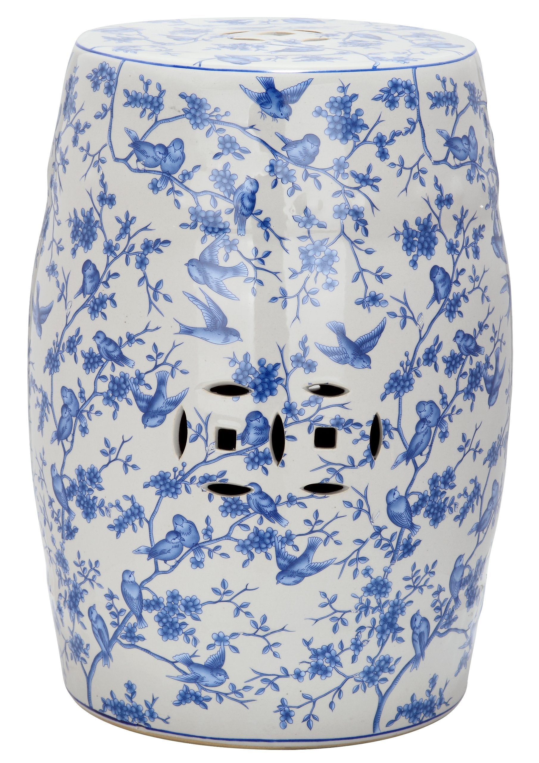 Safavieh blue birds stool front view showing decorative appeal and seating function