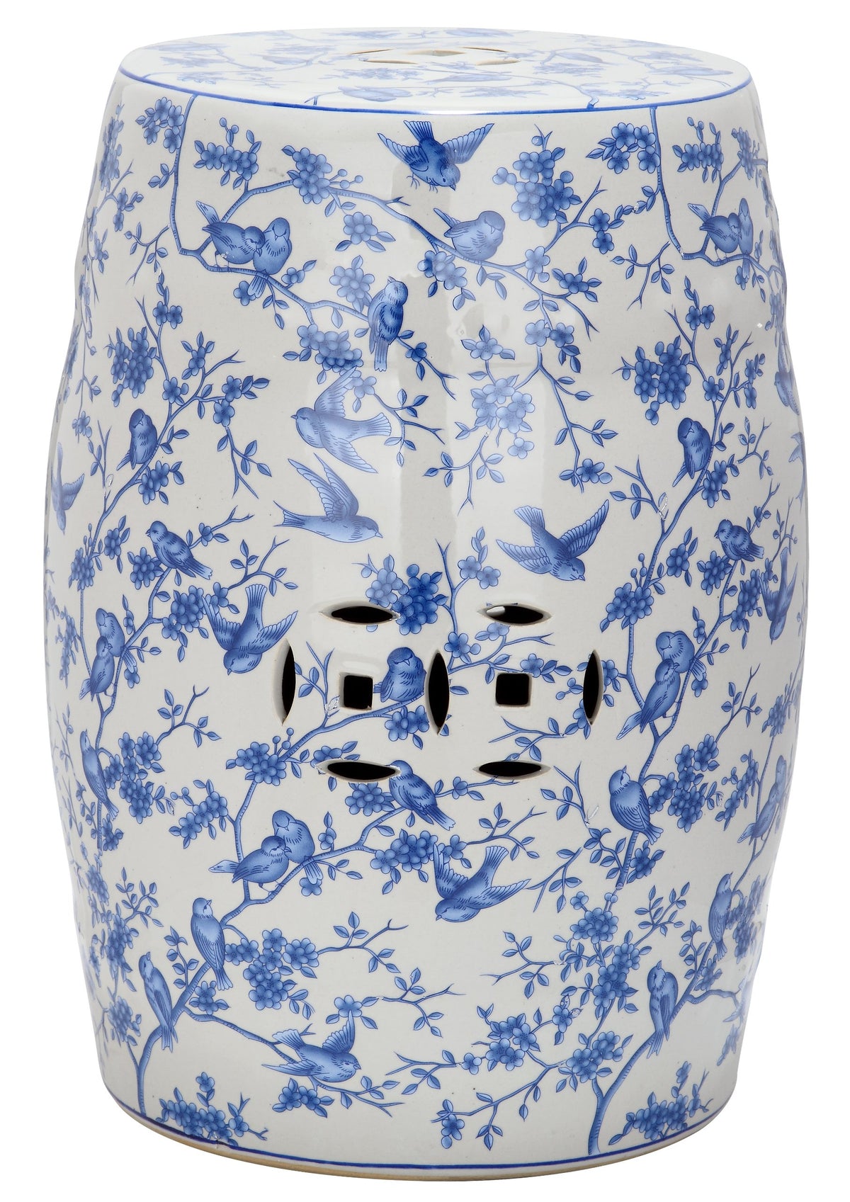 Safavieh blue birds stool front view showing decorative appeal and seating function