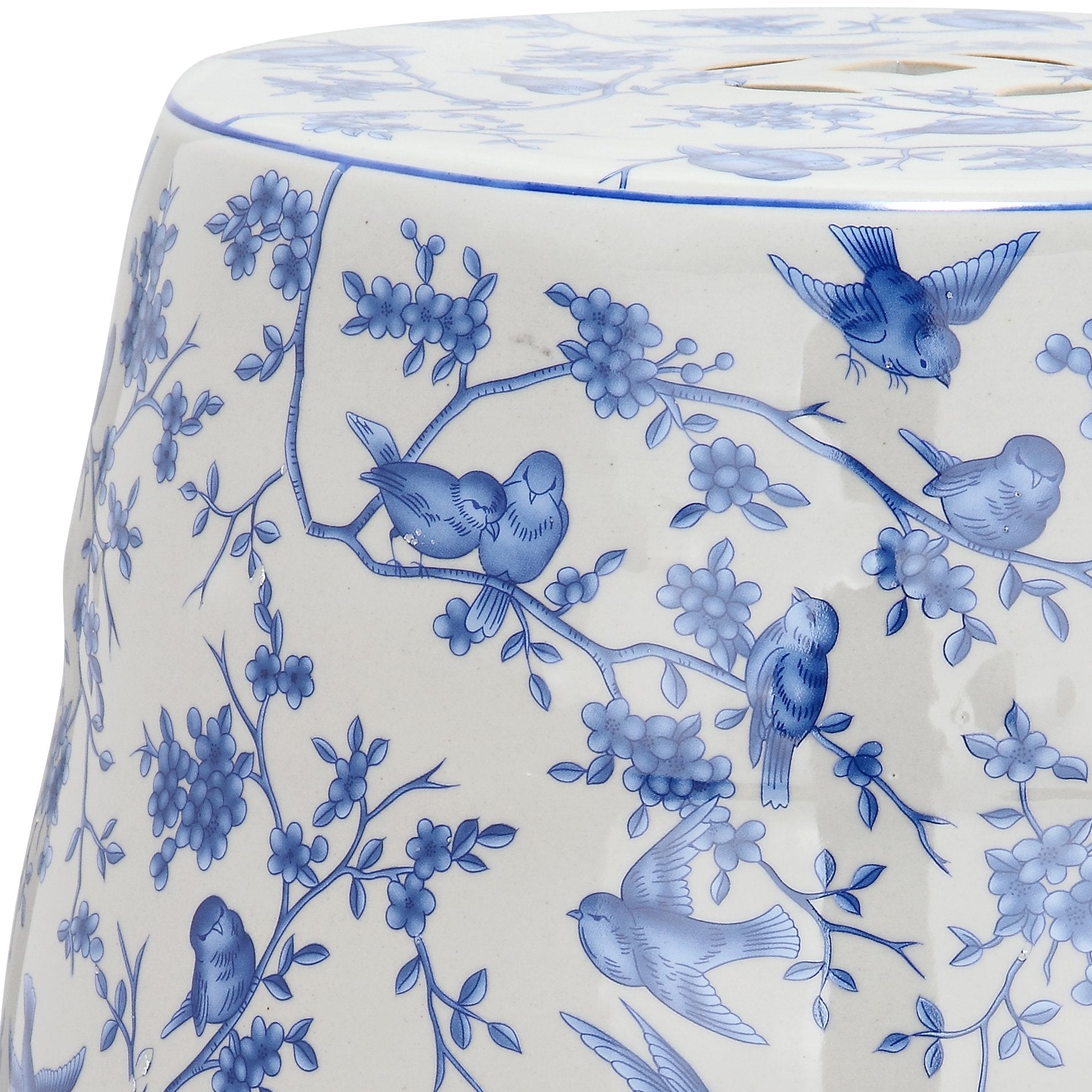 Safavieh blue birds stool beside chair for scale and versatile accent use