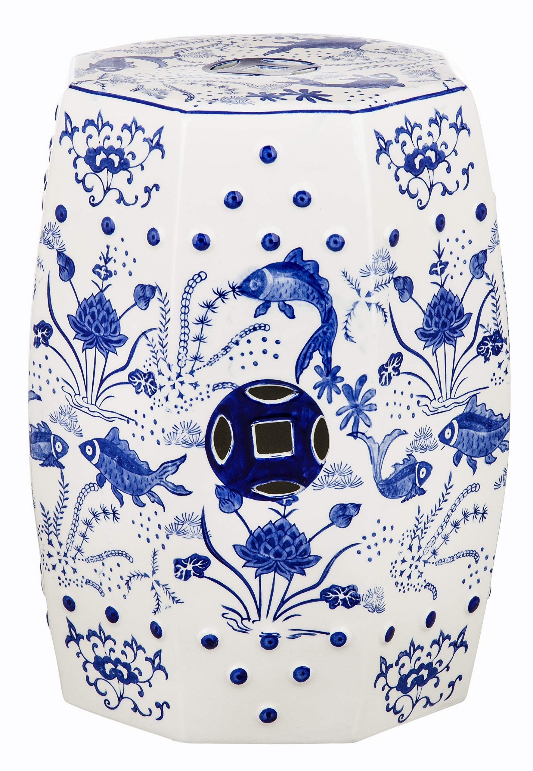 SAFAVIEH front view of blue ceramic stool showing shape and finish benefit display surface