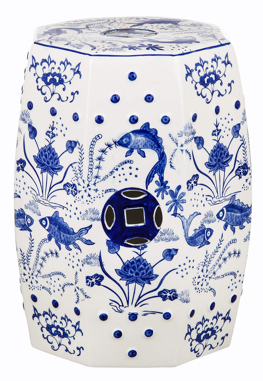 SAFAVIEH front view of blue ceramic stool showing shape and finish benefit display surface