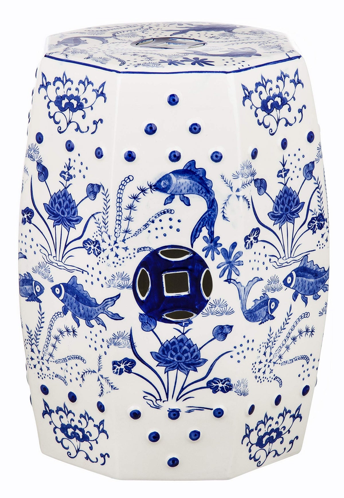 SAFAVIEH front view of blue ceramic stool showing shape and finish benefit display surface