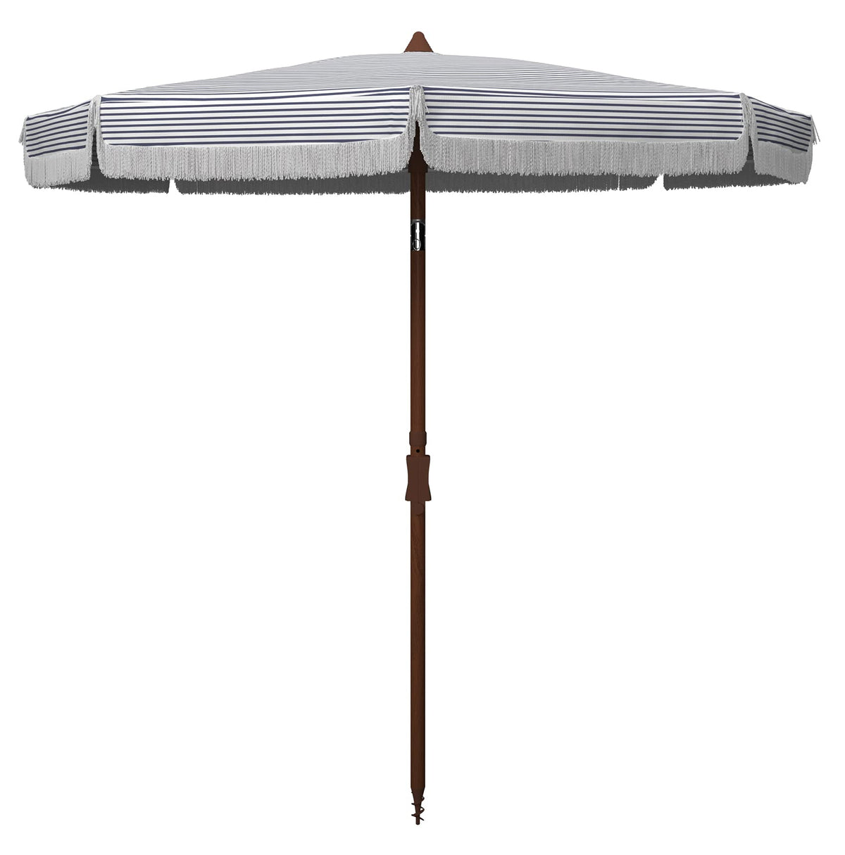 SAFAVIEH front view umbrella showing navy white stripes and shade benefit