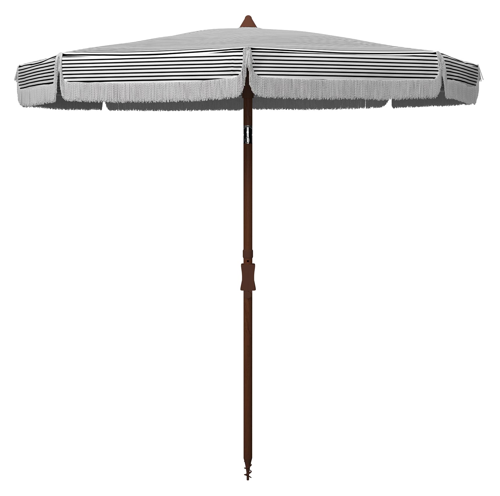 SAFAVIEH front view of black and white striped umbrella showing elegant canopy and instant curb appeal