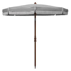SAFAVIEH front view of black and white striped umbrella showing elegant canopy and instant curb appeal