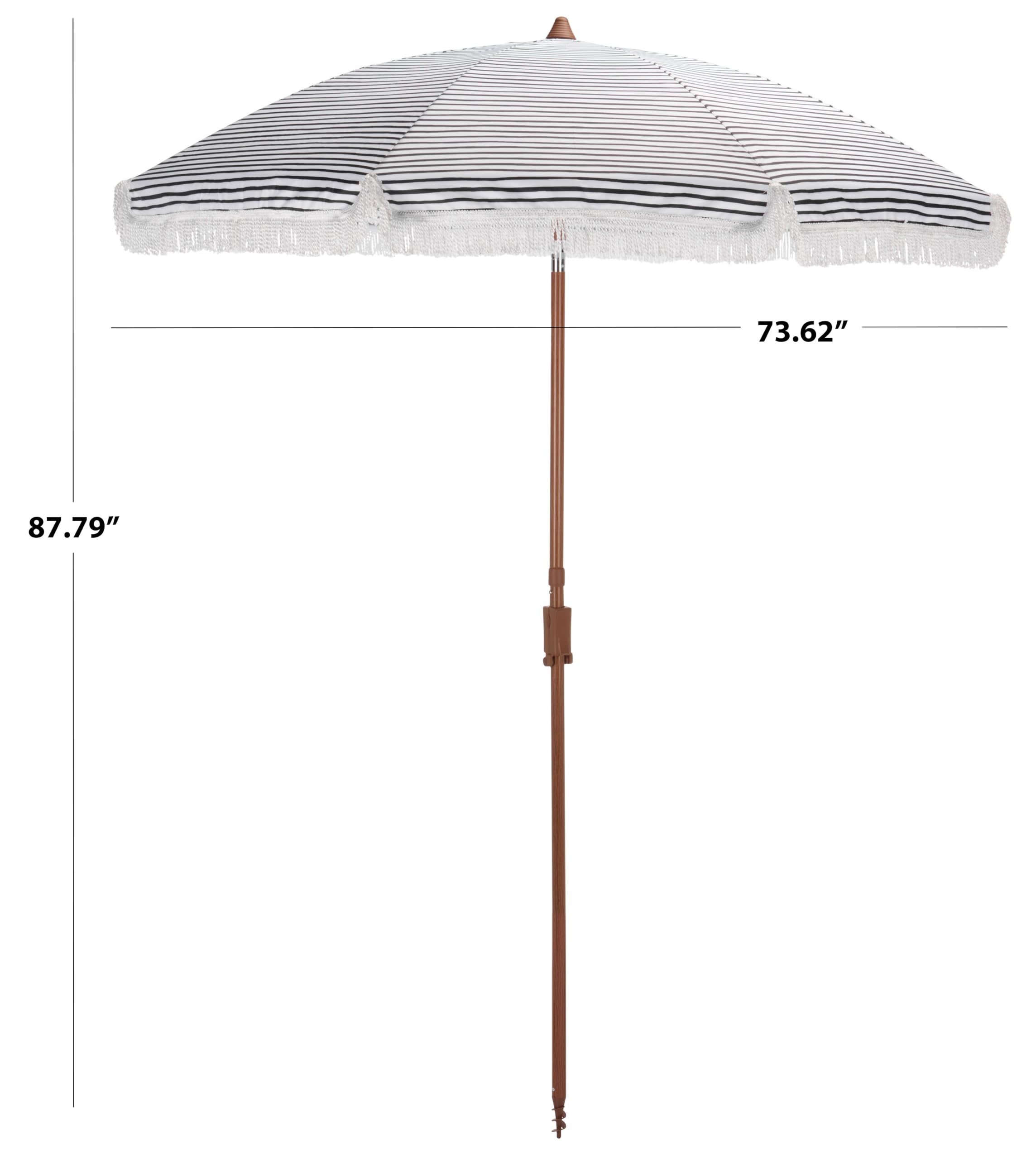 SAFAVIEH umbrella beside small bistro table showing scale and compact shade coverage