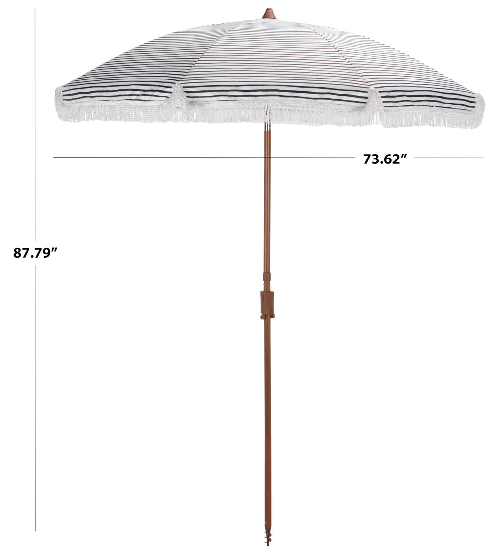SAFAVIEH umbrella beside small bistro table showing scale and compact shade coverage