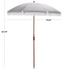 SAFAVIEH umbrella beside small bistro table showing scale and compact shade coverage