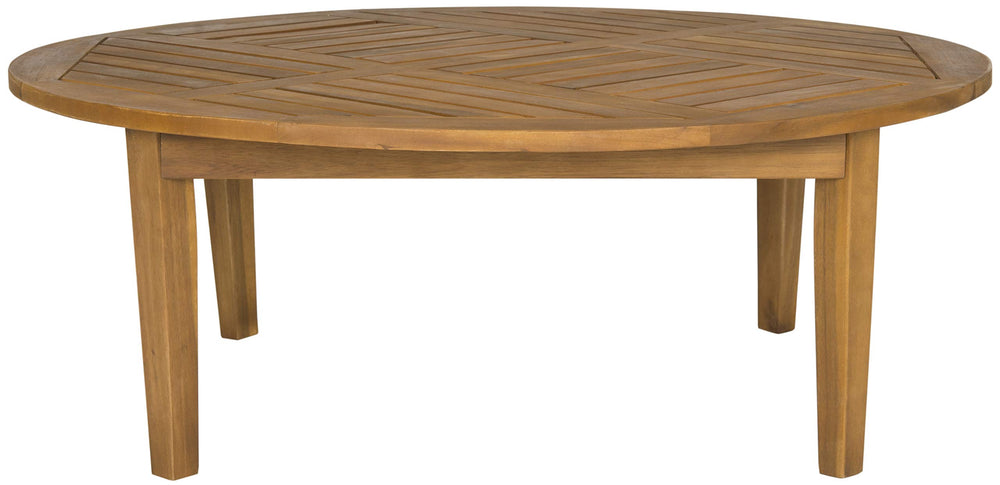 Safavieh Danville front view showing round teak-brown top and legs, enhances patio style