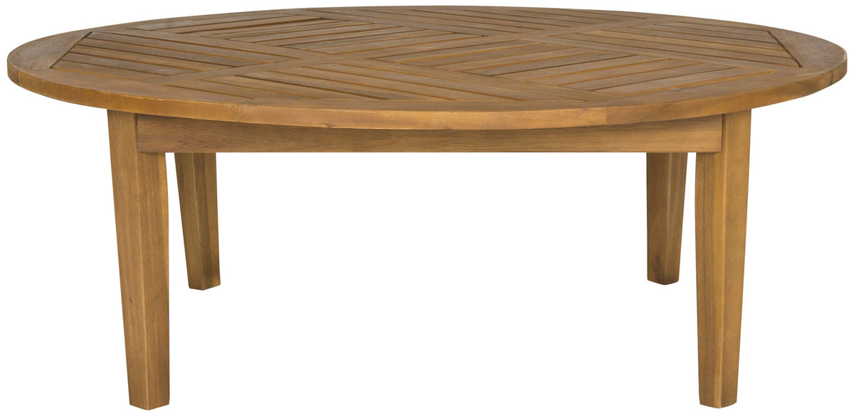 Safavieh Danville front view showing round teak-brown top and legs, enhances patio style