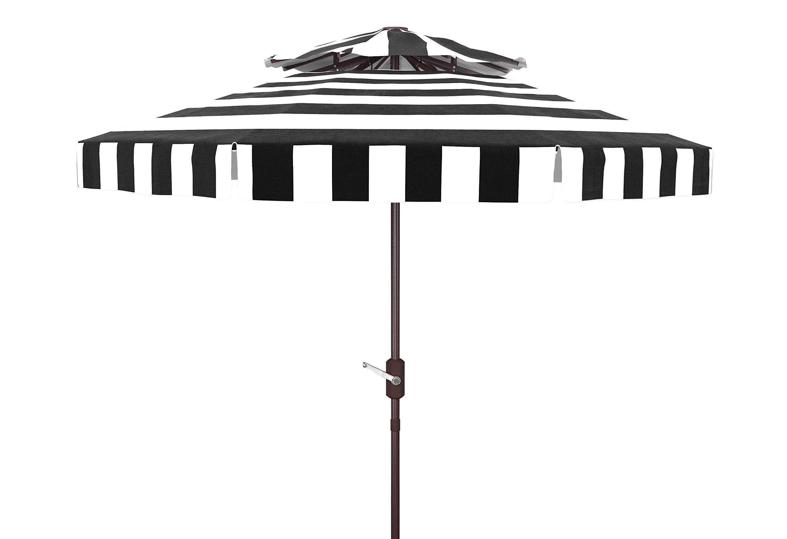 SAFAVIEH Elsa front view showing black and white striped canopy and brown aluminum pole, stylish sun protection