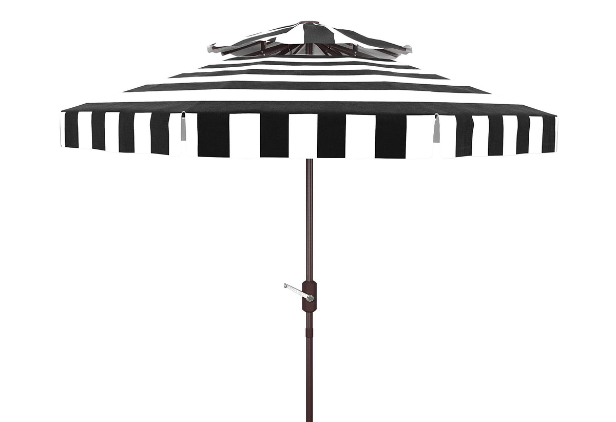 SAFAVIEH Elsa front view showing black and white striped canopy and brown aluminum pole, stylish sun protection