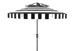 SAFAVIEH Elsa front view showing black and white striped canopy and brown aluminum pole, stylish sun protection