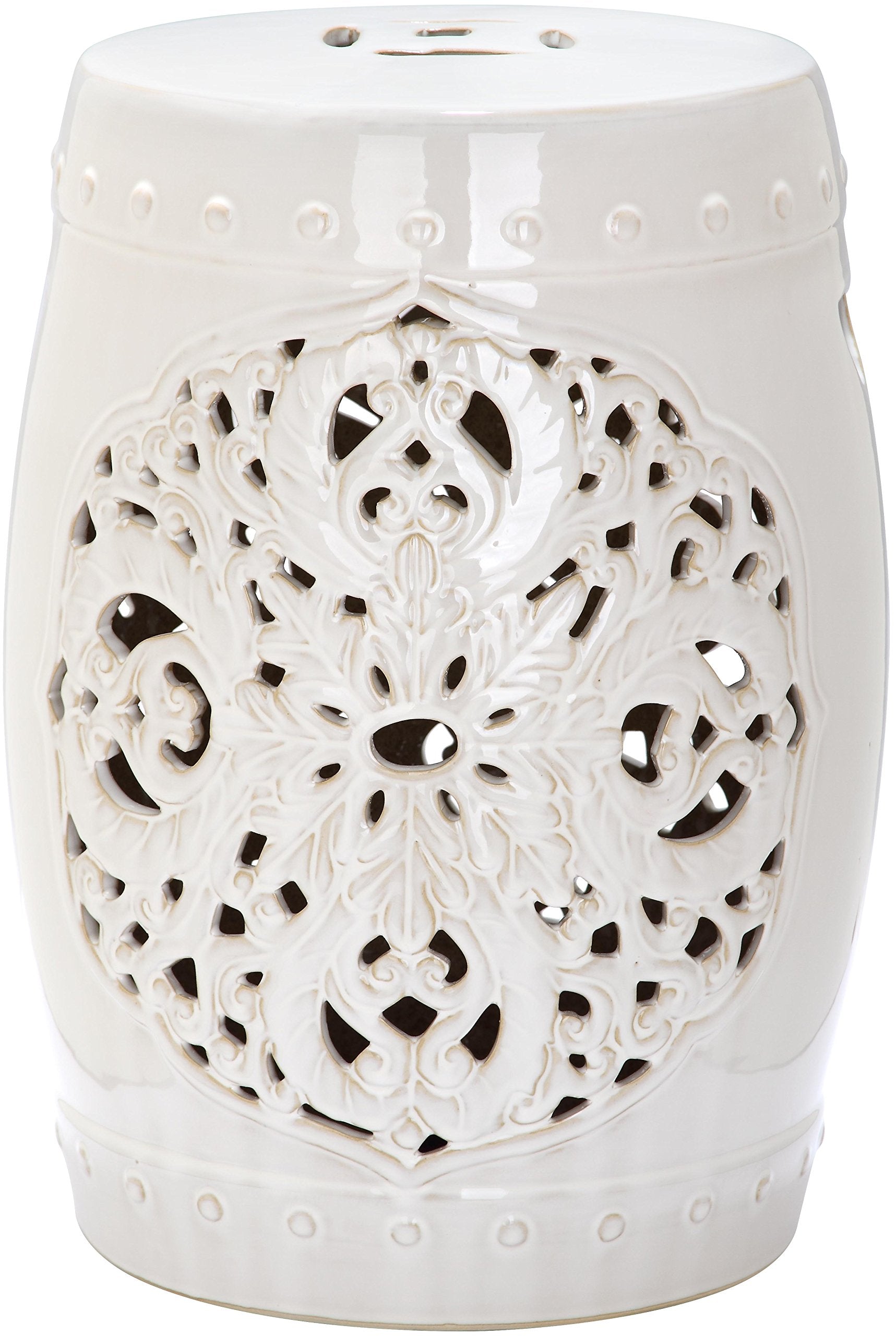 SAFAVIEH Flora front view showing creme ceramic stool and versatile surface