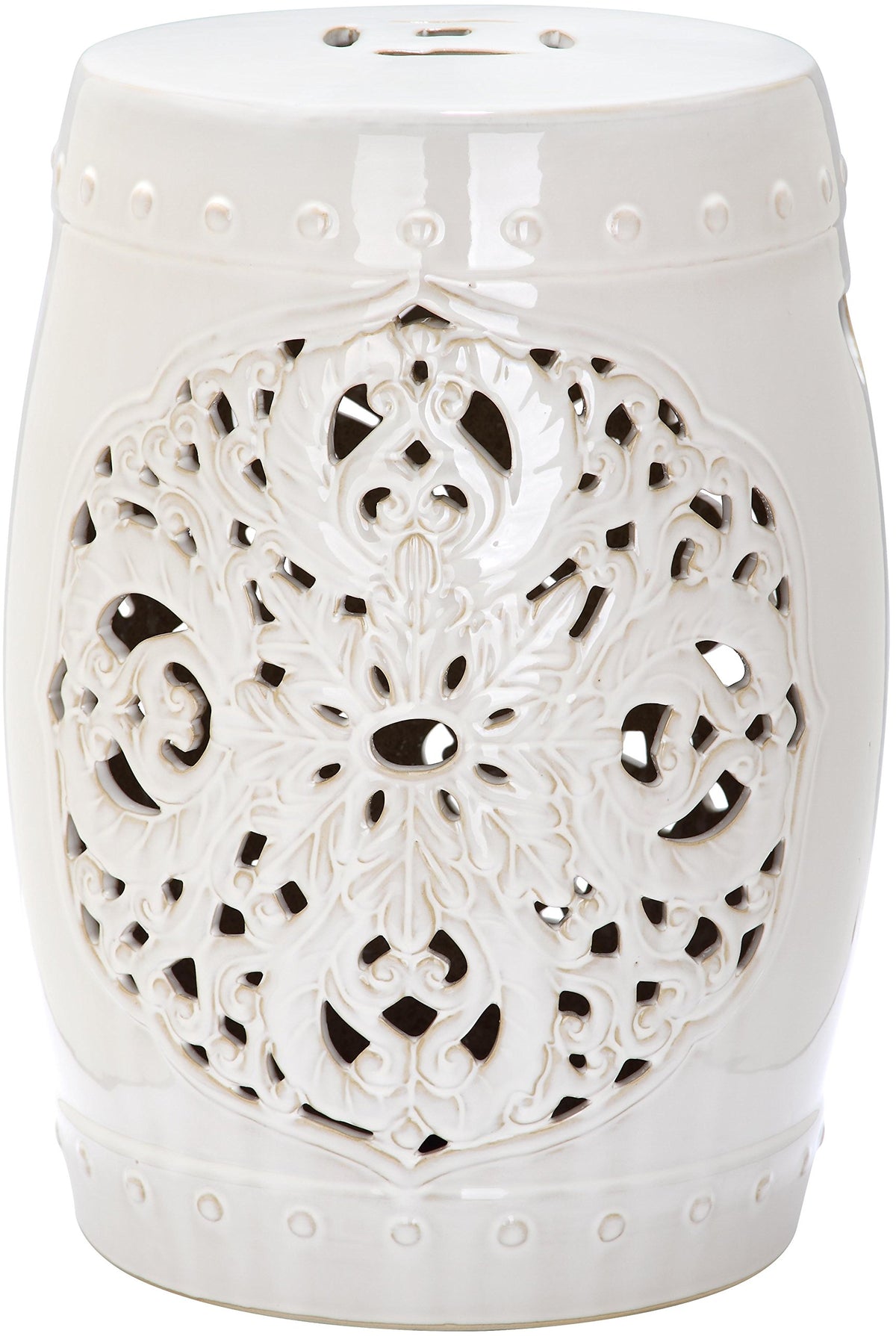 SAFAVIEH Flora front view showing creme ceramic stool and versatile surface