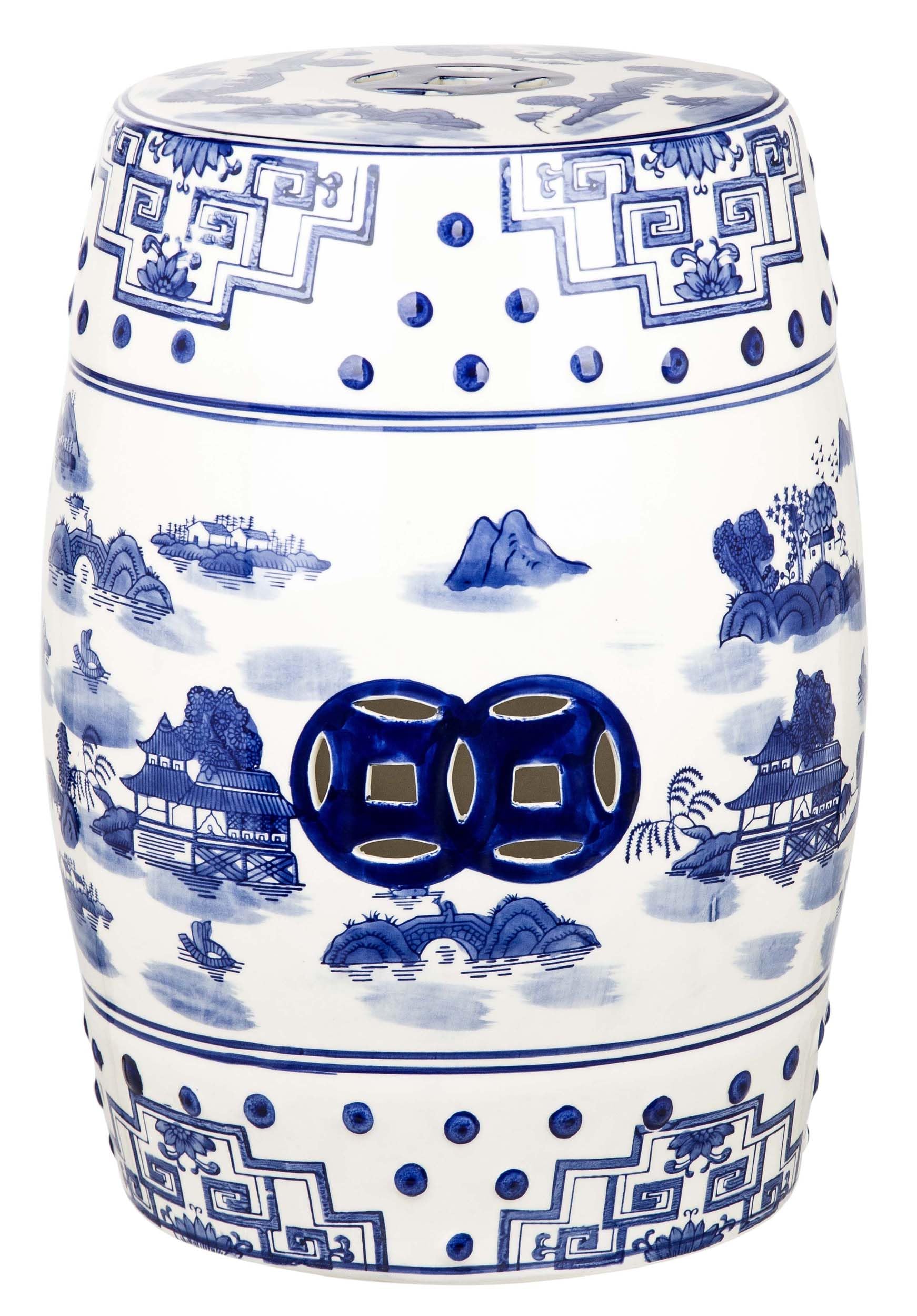 SAFAVIEH front view of blue and white ceramic garden stool showing elegant accent and durable finish