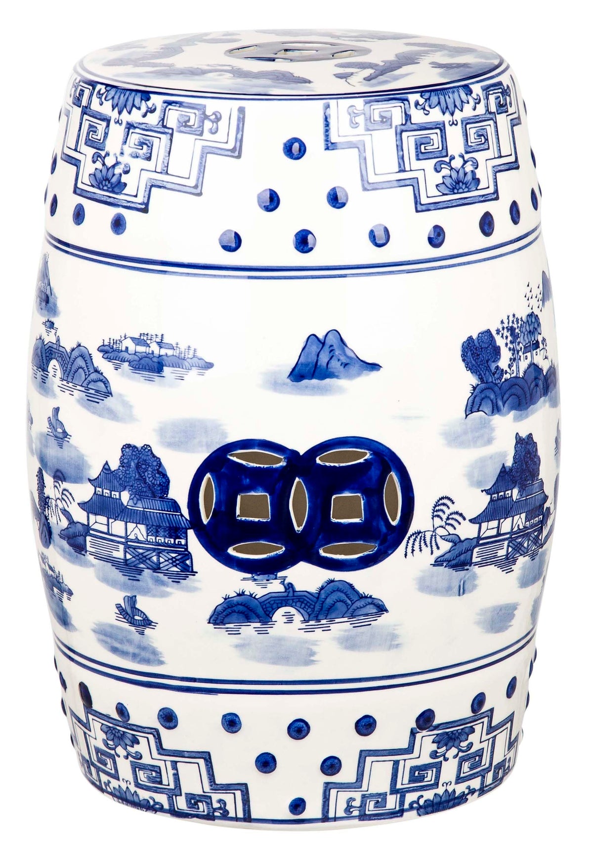 SAFAVIEH front view of blue and white ceramic garden stool showing elegant accent and durable finish