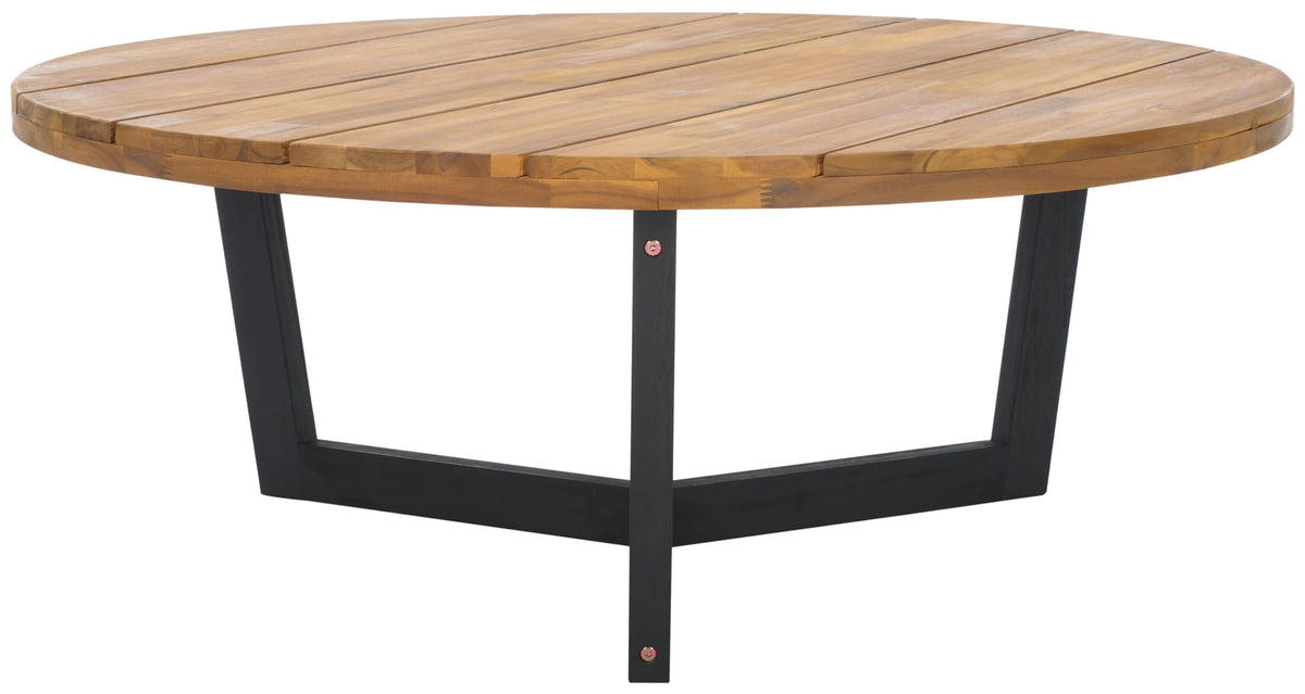 SAFAVIEH Leo front view showing round acacia top and tripod base, enhances outdoor seating