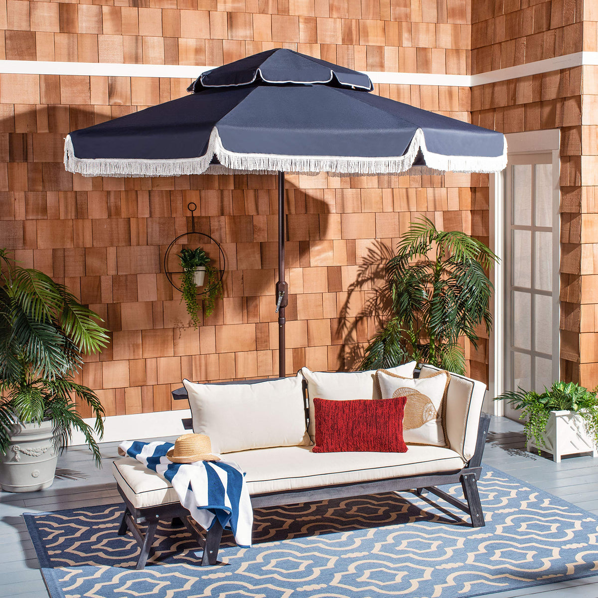 SAFAVIEH Milan front view navy and white canopy showing elegant shade
