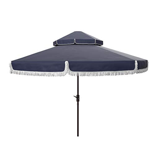 SAFAVIEH Milan next to patio table showing 9-foot coverage scale