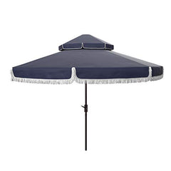 SAFAVIEH Milan next to patio table showing 9-foot coverage scale