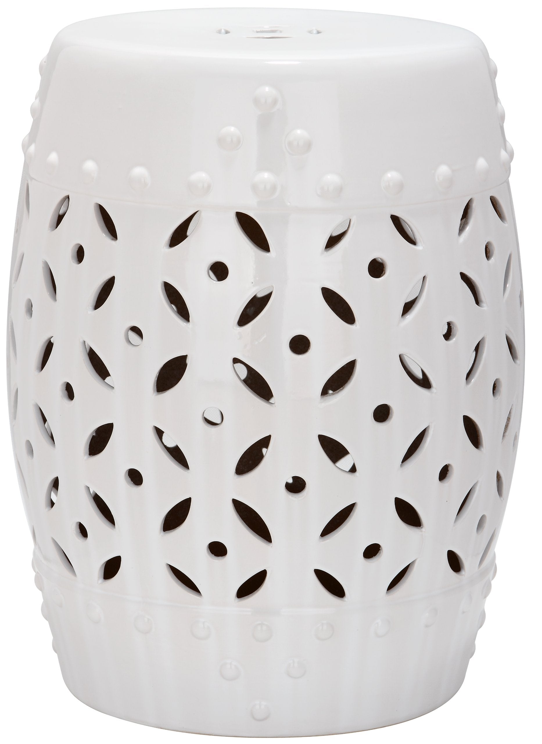 SAFAVIEH stool front view showing white ceramic and elegant profile for versatile placement