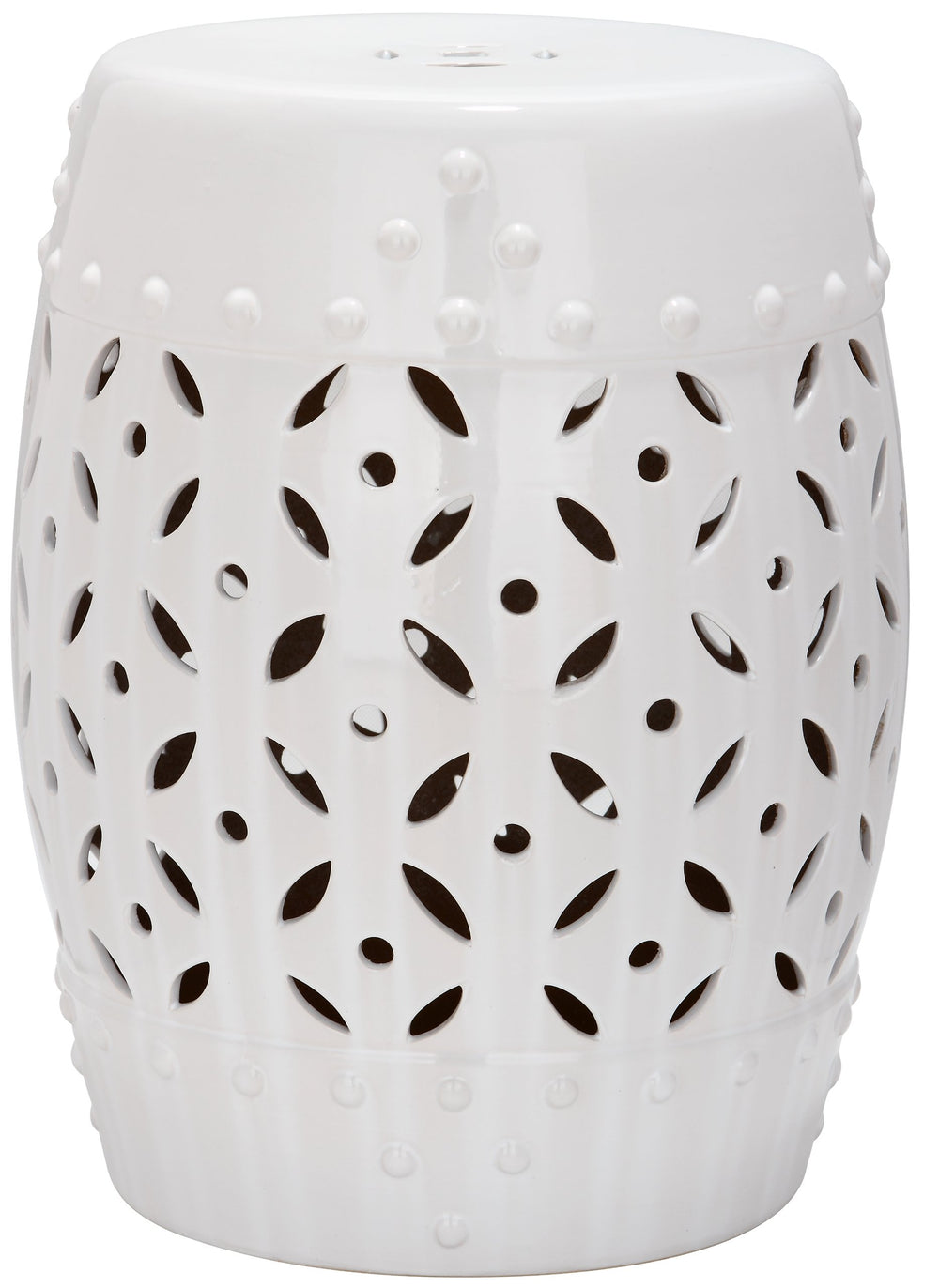 SAFAVIEH stool front view showing white ceramic and elegant profile for versatile placement