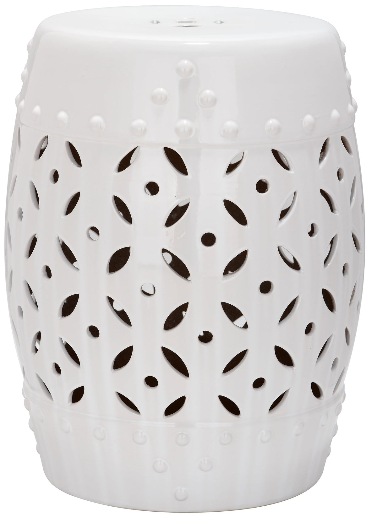 SAFAVIEH stool front view showing white ceramic and elegant profile for versatile placement