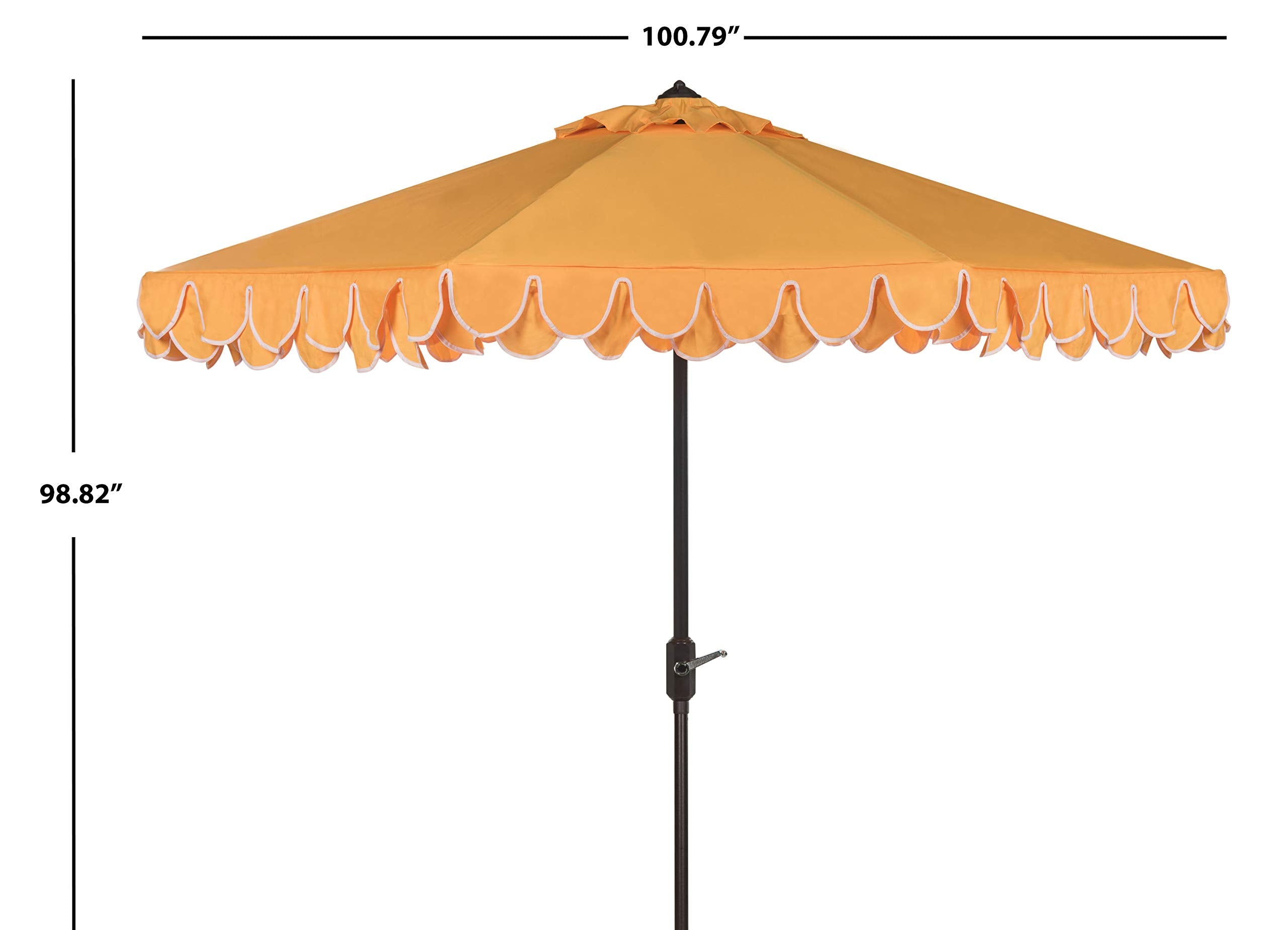 SAFAVIEH umbrella next to table showing 9-foot size coverage