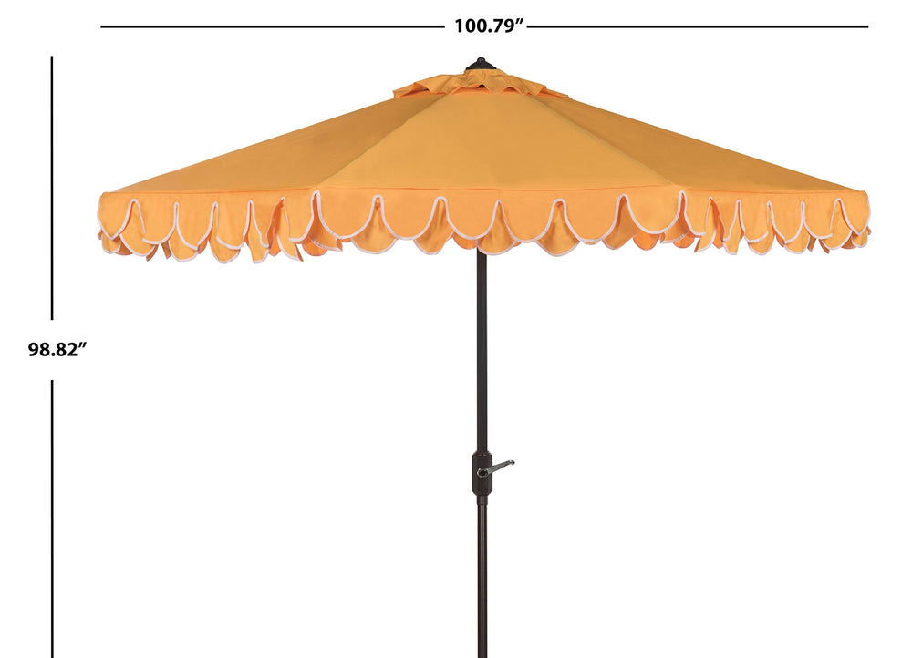 SAFAVIEH umbrella next to table showing 9-foot size coverage