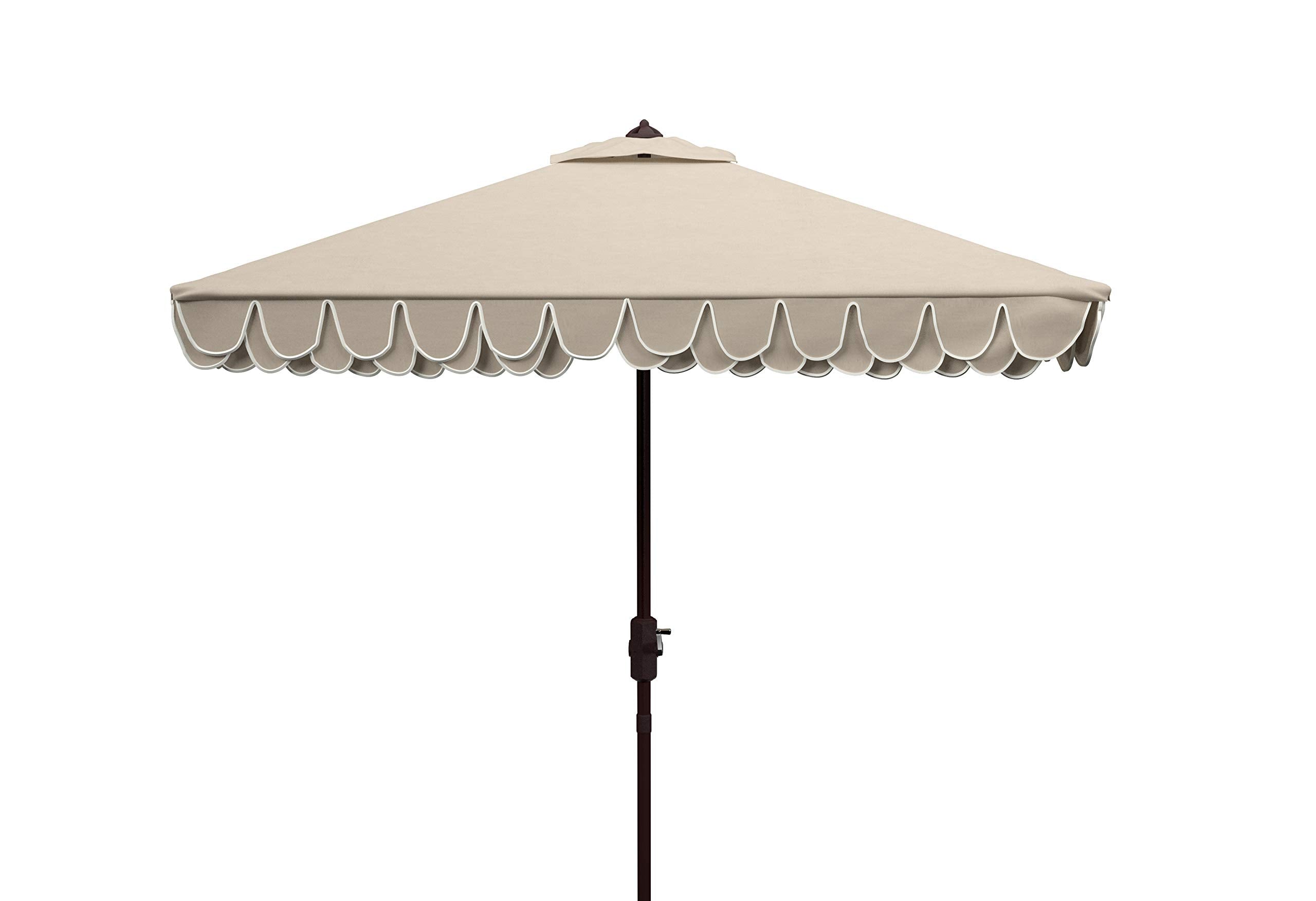 SAFAVIEH beige and white canopy front view showing decorative valance and clean lines for cohesive style