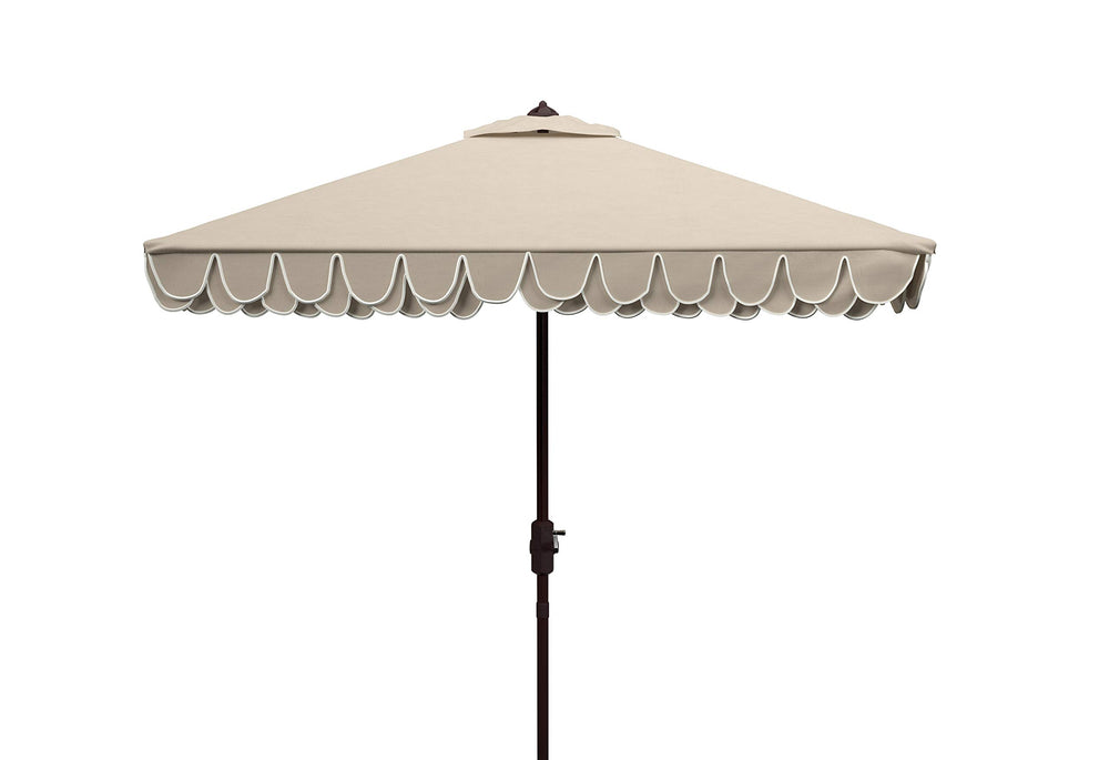 SAFAVIEH beige and white canopy front view showing decorative valance and clean lines for cohesive style