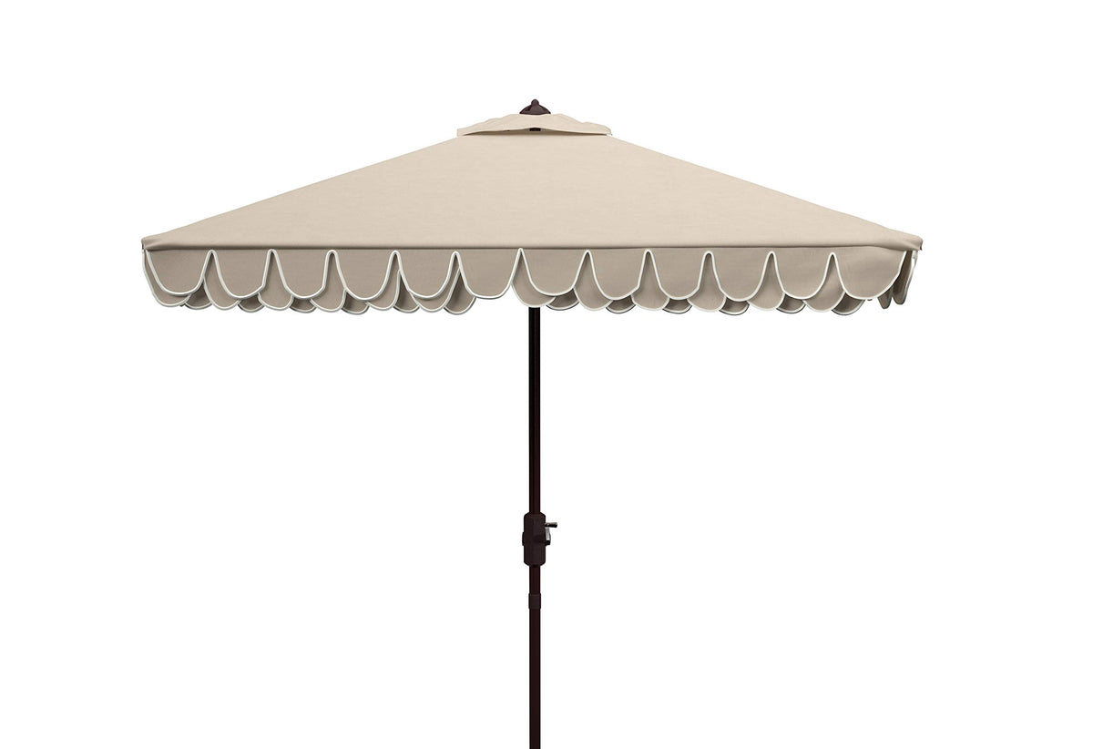 SAFAVIEH beige and white canopy front view showing decorative valance and clean lines for cohesive style