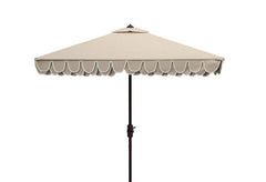 SAFAVIEH beige and white canopy front view showing decorative valance and clean lines for cohesive style