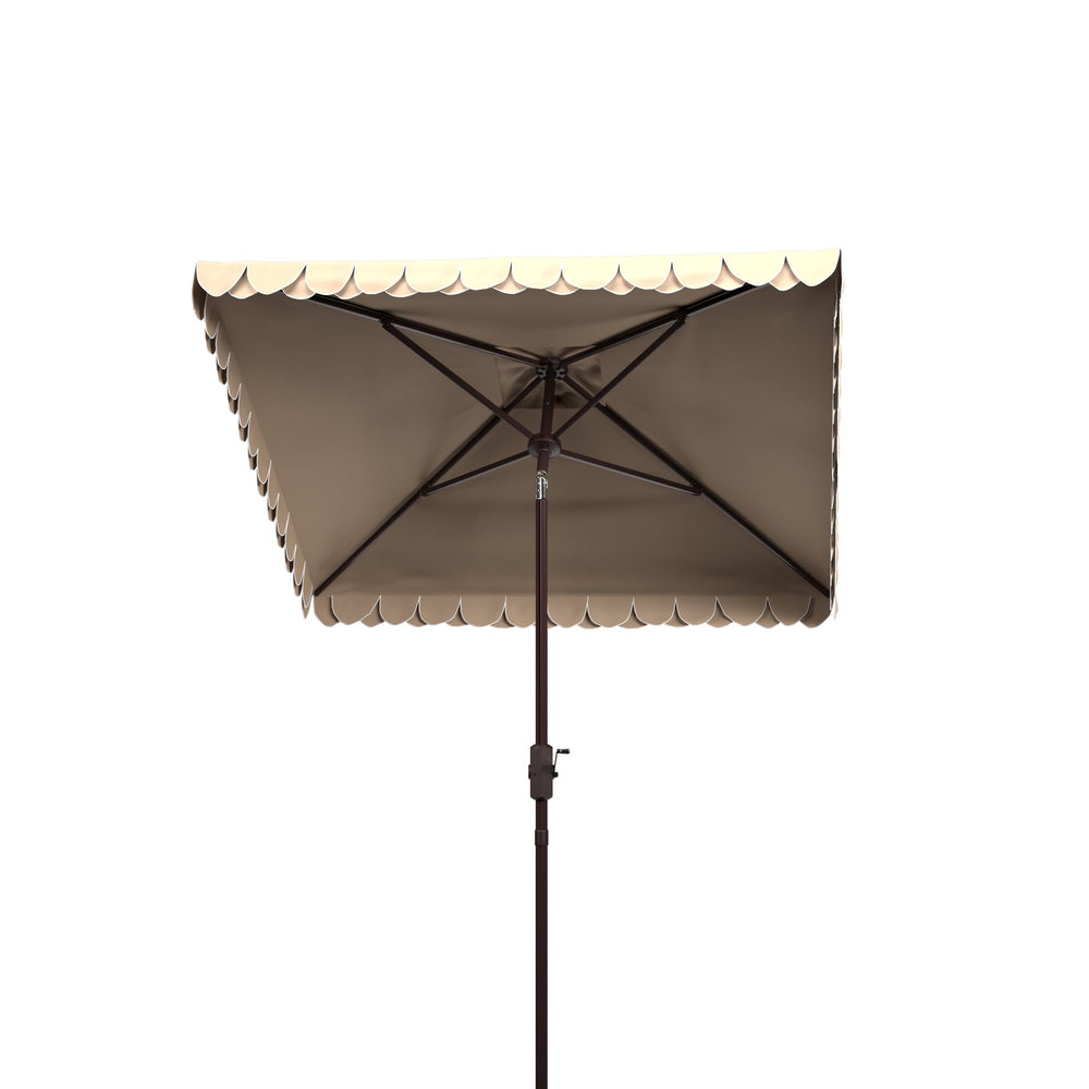 SAFAVIEH umbrella shown with a patio table to illustrate coverage and scale for seating areas