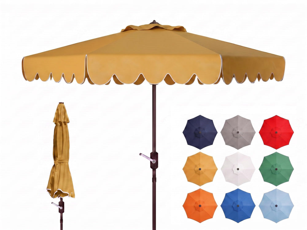 SAFAVIEH umbrella front view showing yellow and white canopy and scallop trim for vibrant shade