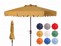 SAFAVIEH umbrella front view showing yellow and white canopy and scallop trim for vibrant shade