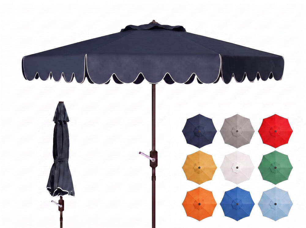 SAFAVIEH navy and white canopy front view showing generous shade and style