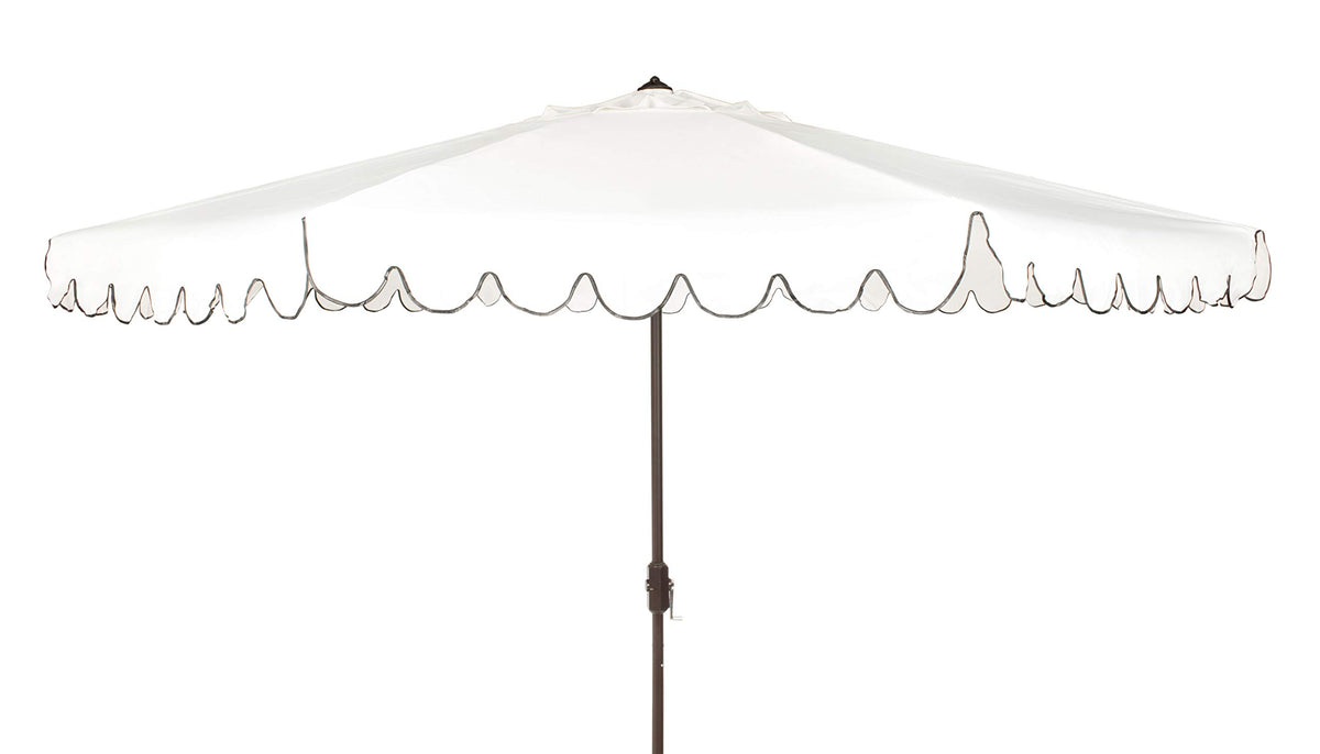 SAFAVIEH front view of umbrella showing full ivory and black canopy for broad shade