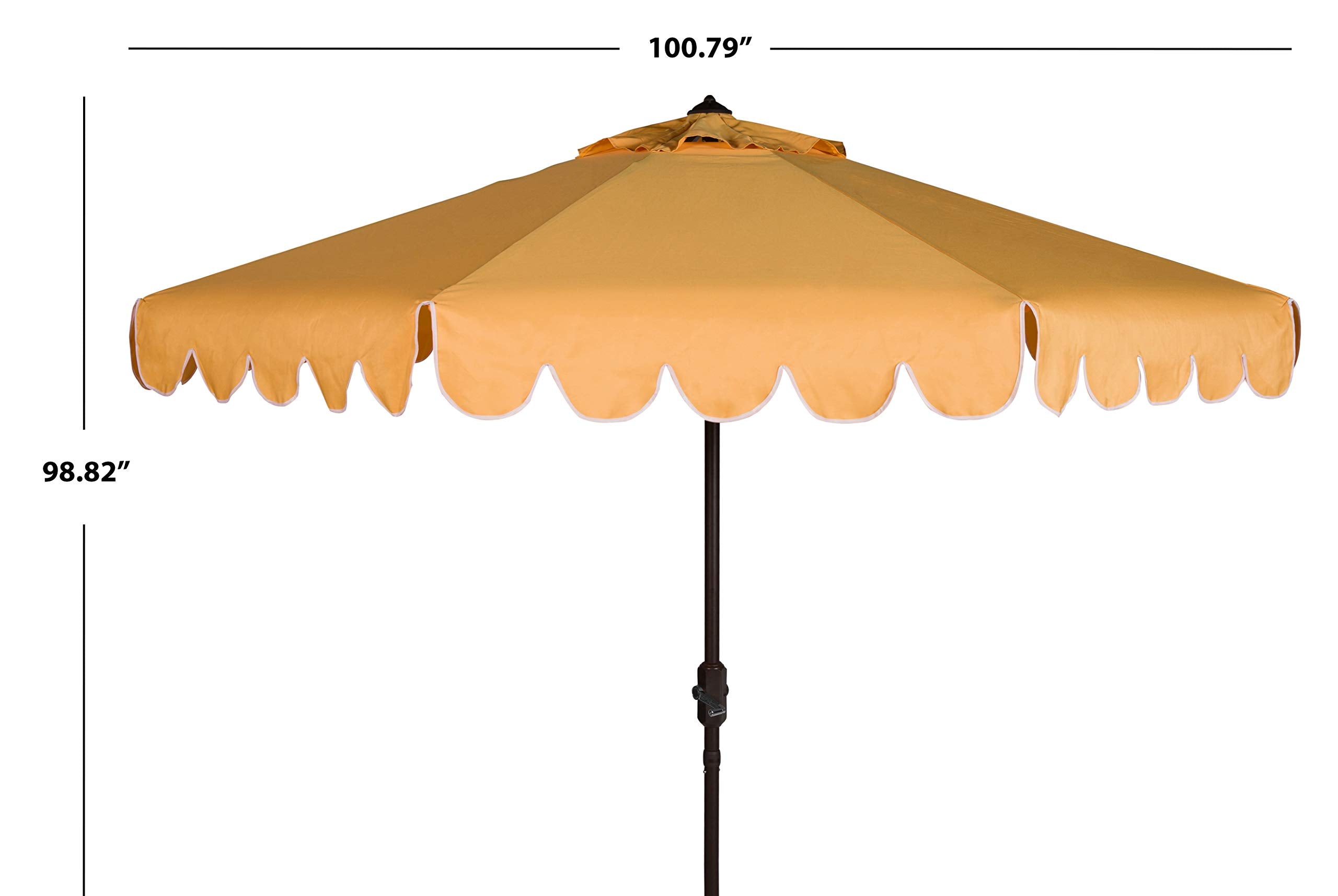 SAFAVIEH umbrella beside chair for scale demonstrating 9-foot canopy coverage