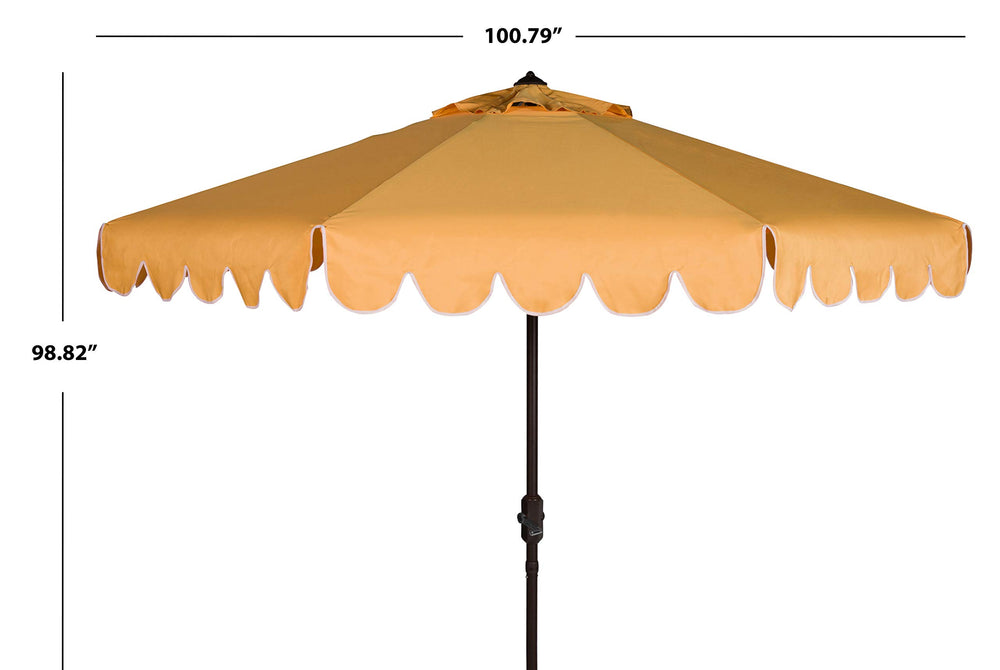 SAFAVIEH umbrella beside chair for scale demonstrating 9-foot canopy coverage