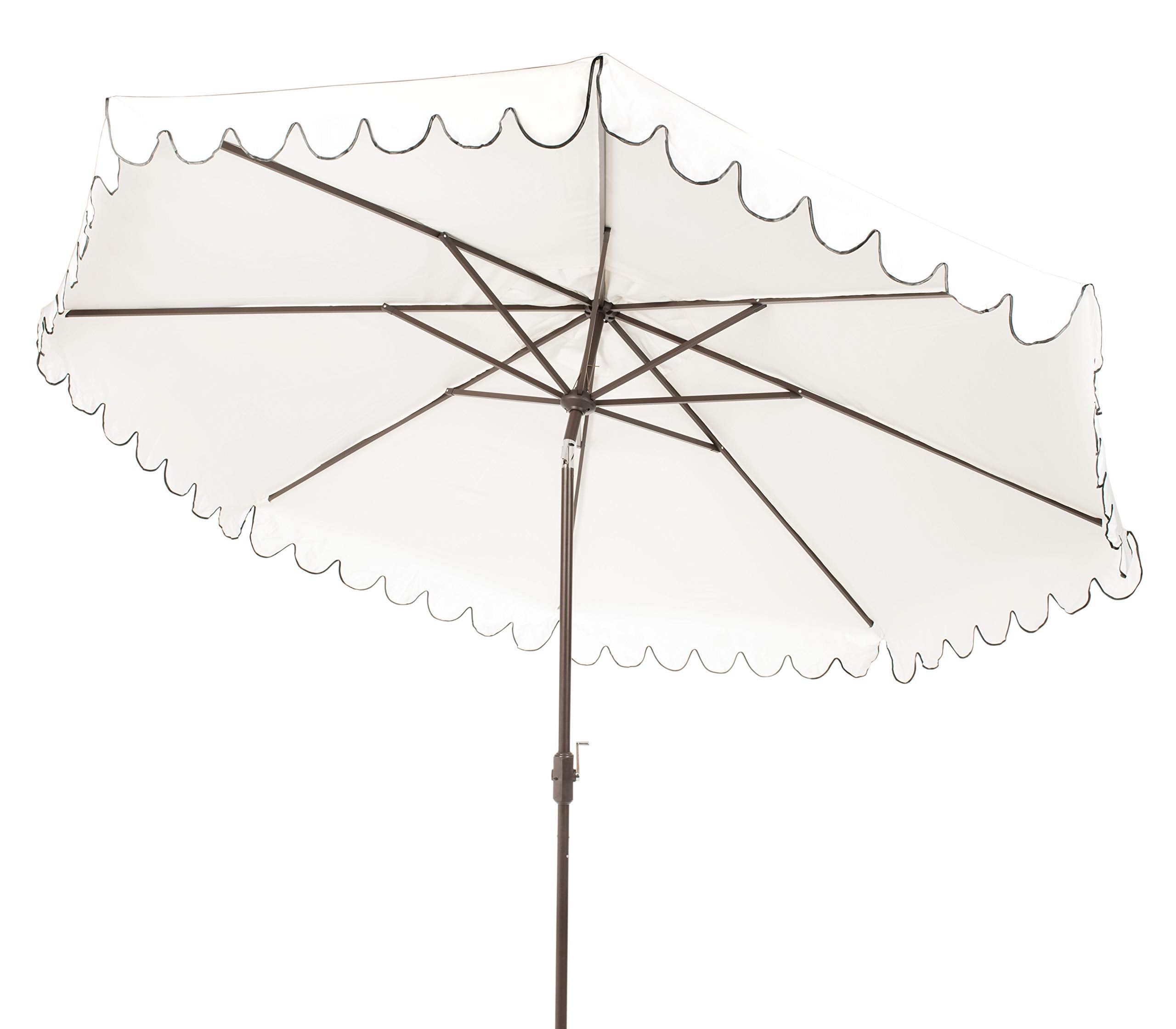 SAFAVIEH umbrella beside chair for scale demonstrating 11-foot coverage and size