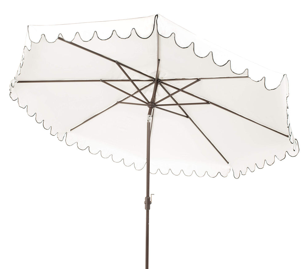 SAFAVIEH umbrella beside chair for scale demonstrating 11-foot coverage and size
