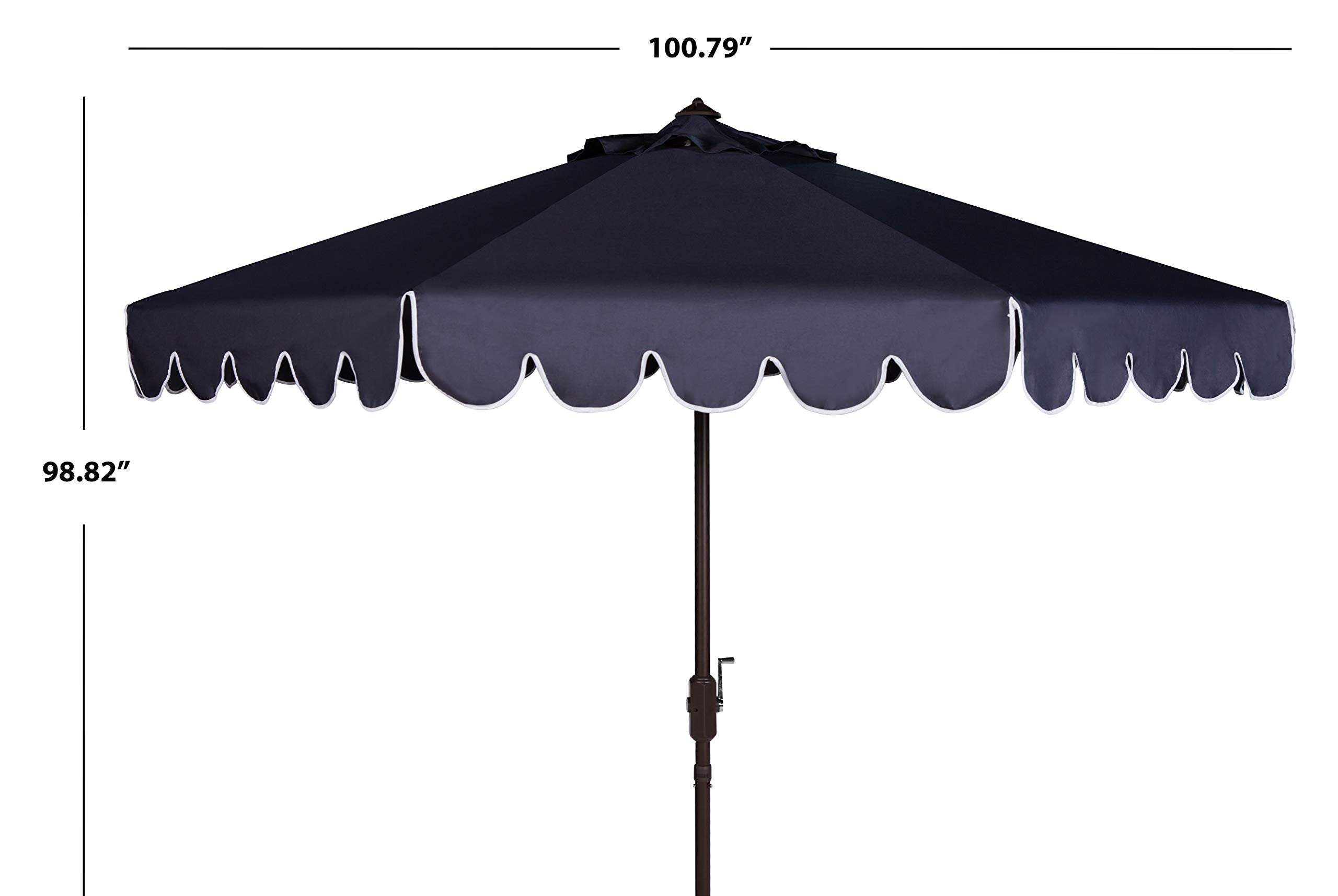 SAFAVIEH umbrella next to chairs demonstrating 9-foot canopy size and coverage