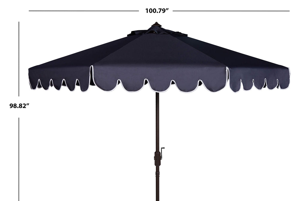 SAFAVIEH umbrella next to chairs demonstrating 9-foot canopy size and coverage