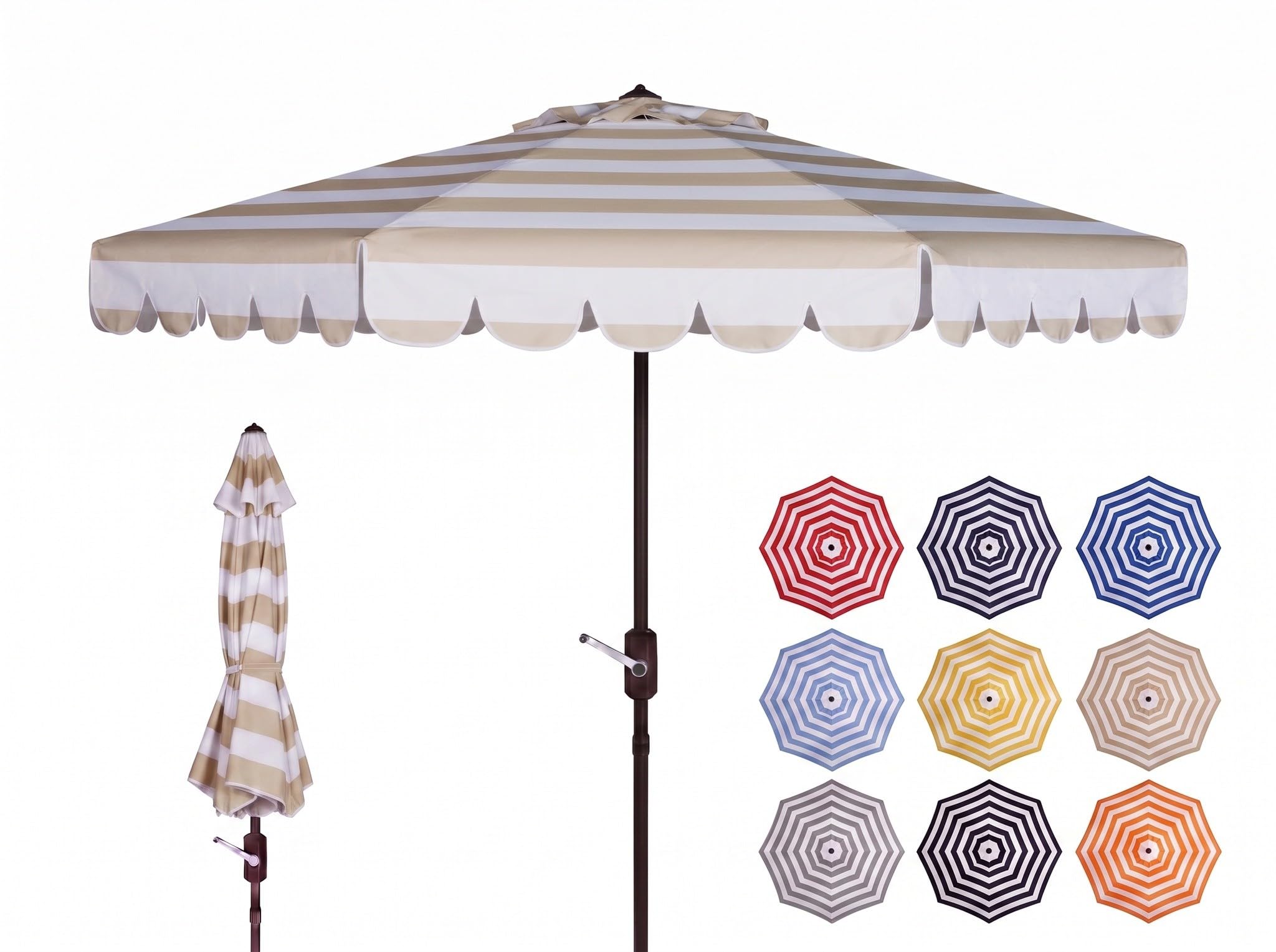 SAFAVIEH Vienna front view showing scallop canopy and brown pole for elegant shade