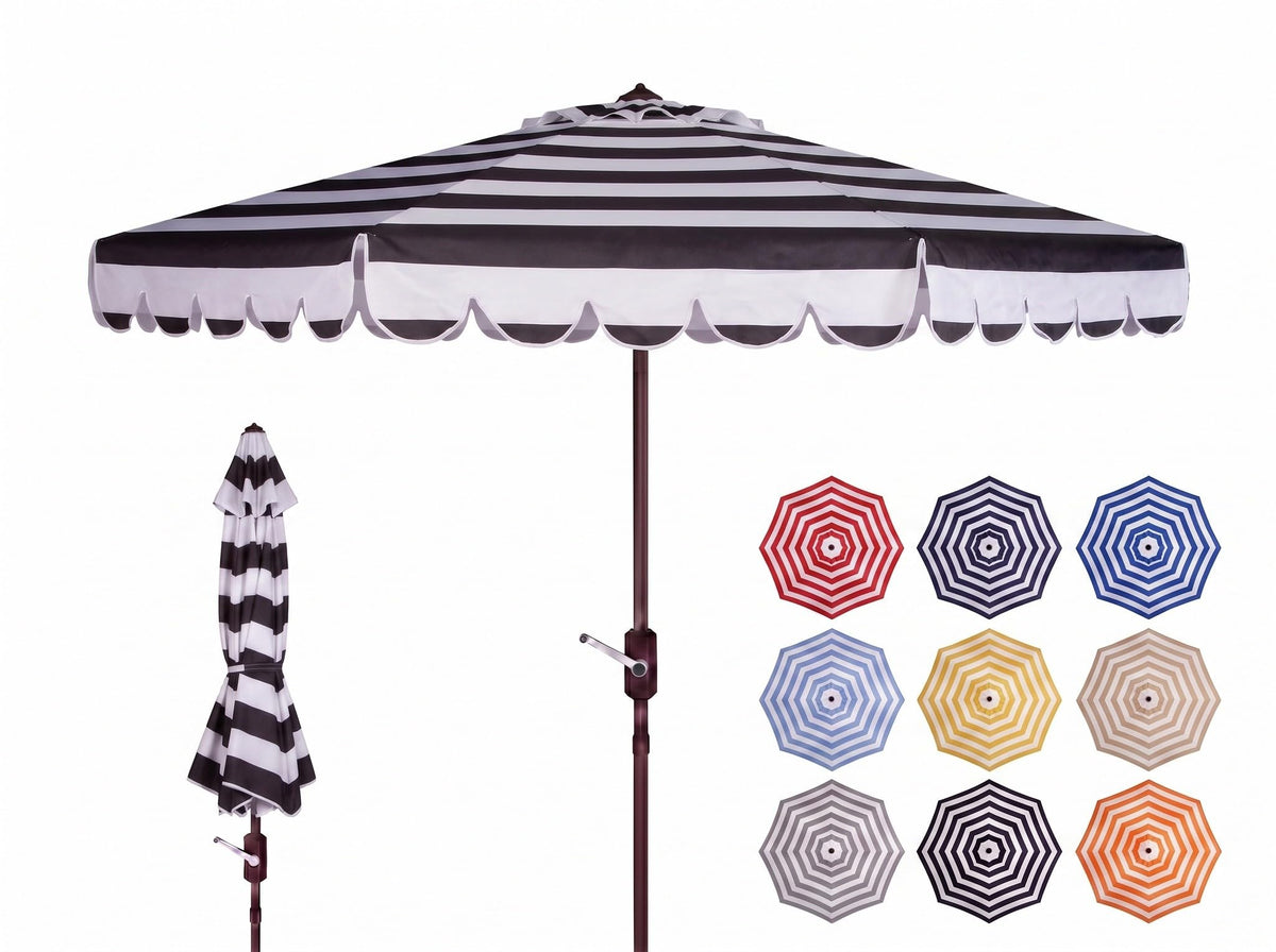 SAFAVIEH Vienna umbrella front view showing black and white scallop canopy for elegant shade