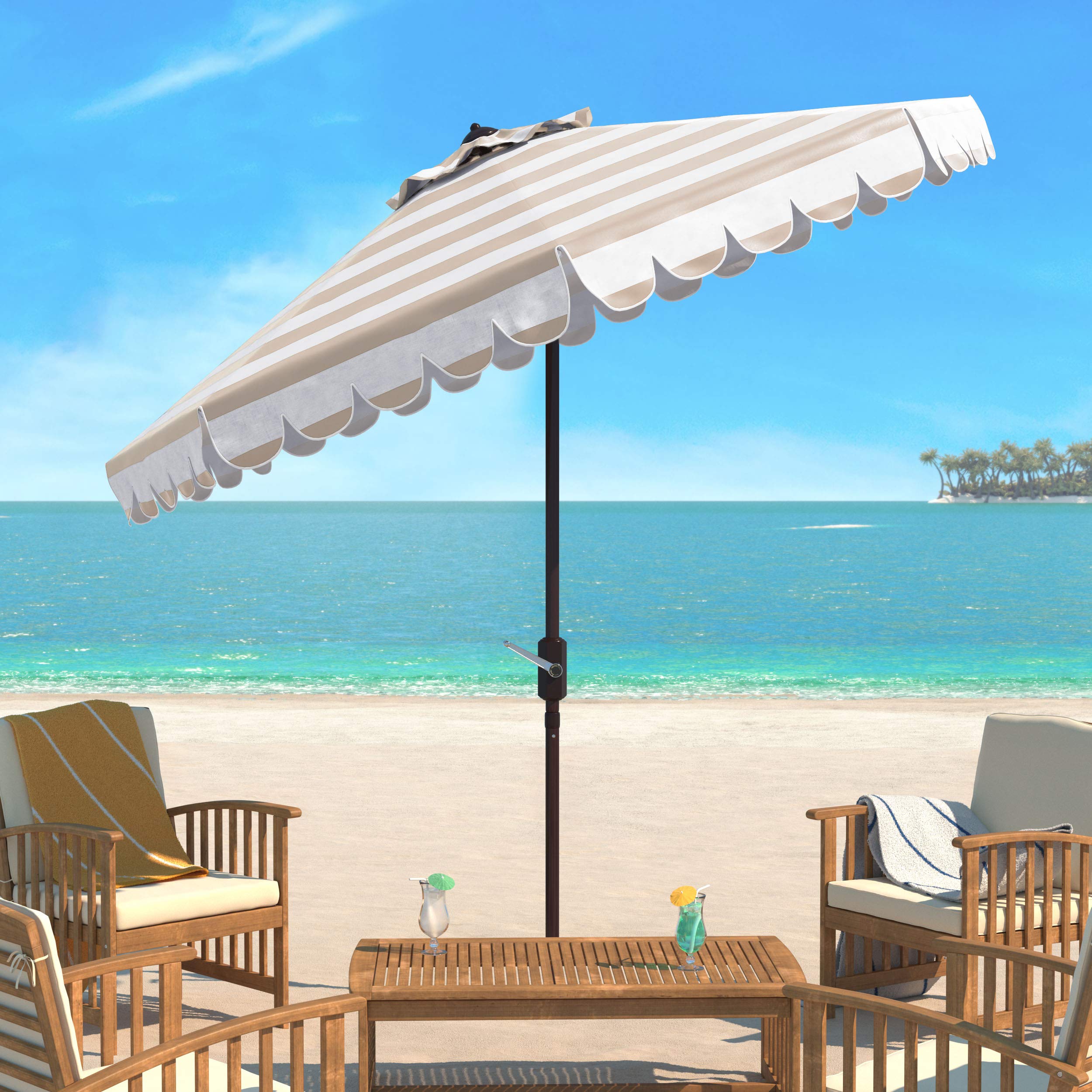 SAFAVIEH Vienna next to table showing 9-foot canopy scale for seating coverage